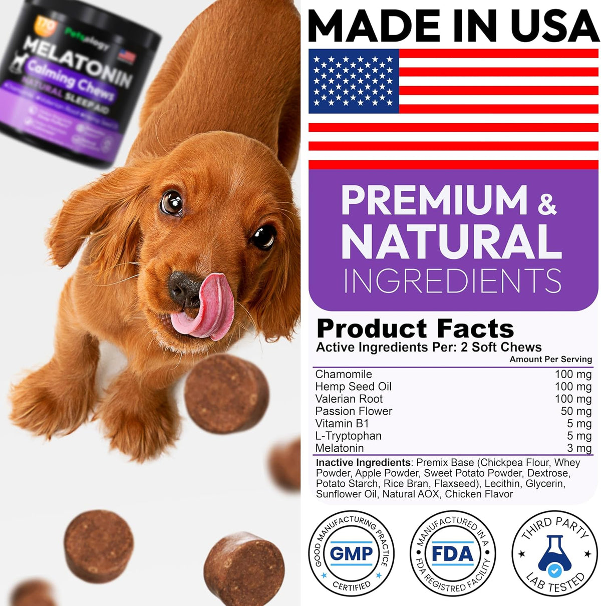 Premium imported USA pet vitamins and supplements calming chews packaging.