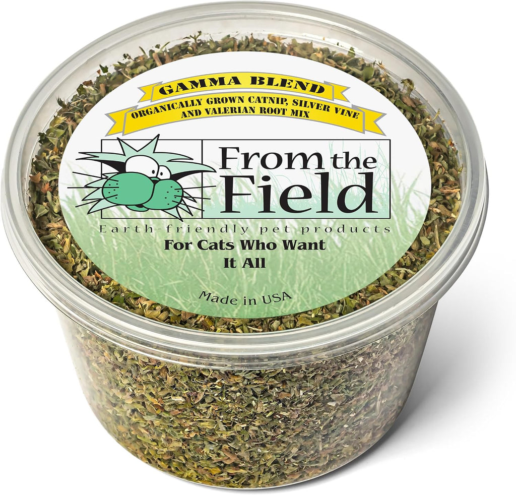 From The Field Gamma Blend catnip tub front view showing organic USA grown ingredients packaging.