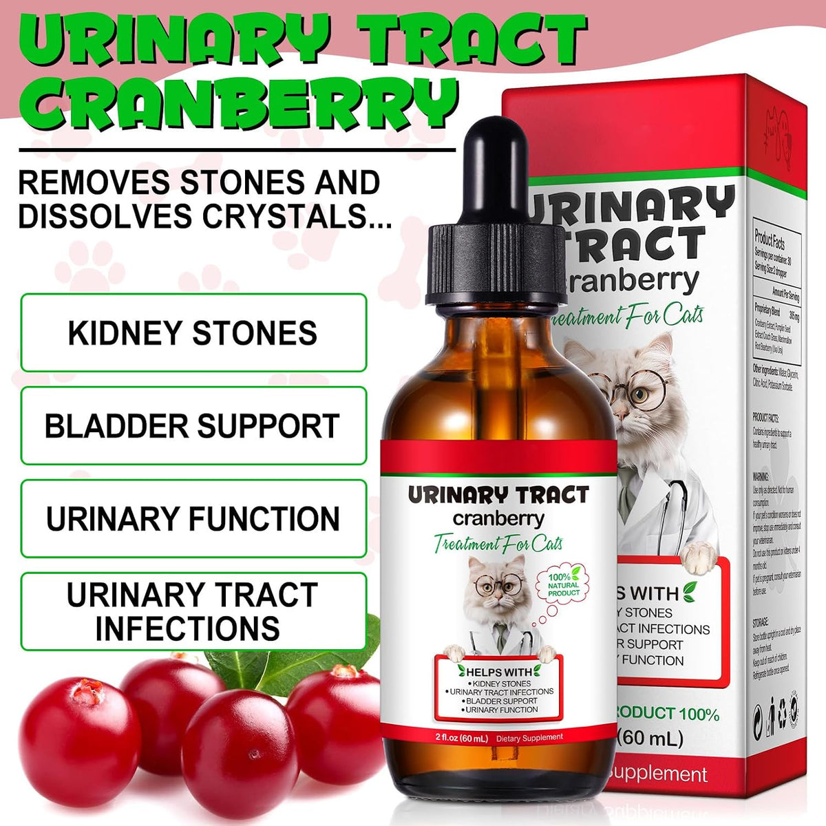 Natural cranberry kidney and bladder supplement for cats liquid dropper presentation