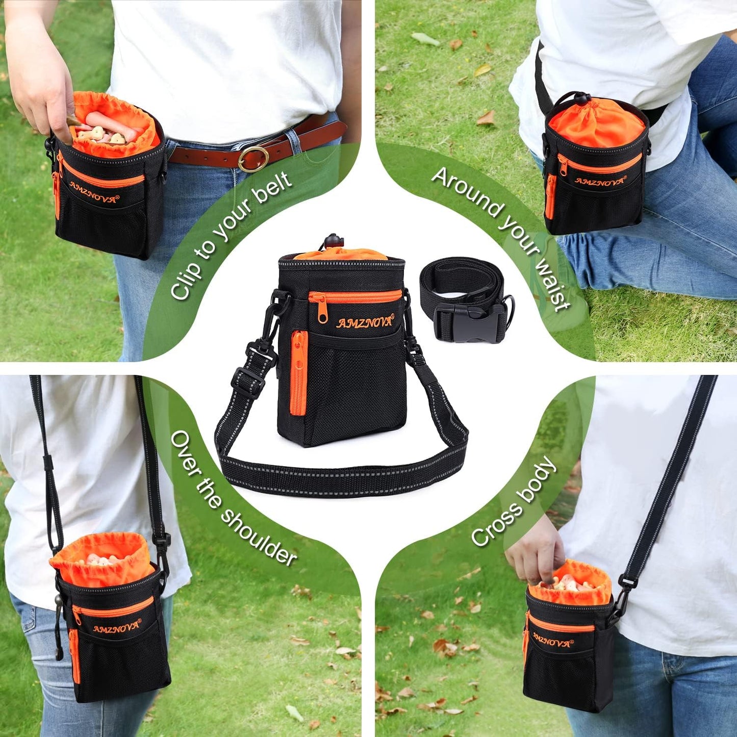AMZNOVA large capacity six cups dog treat pouch side view