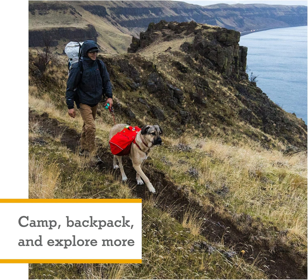 Ruffwear Palisades multi day canine hiking pack showing detachable saddlebags separating from the harness.