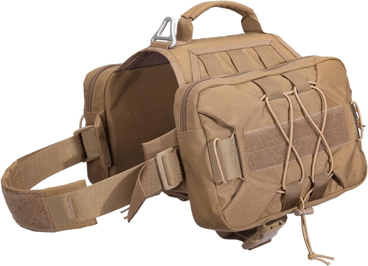 Excellent Elite Spanker dog pack hound saddle bag backpack front view in coyote brown on medium dog