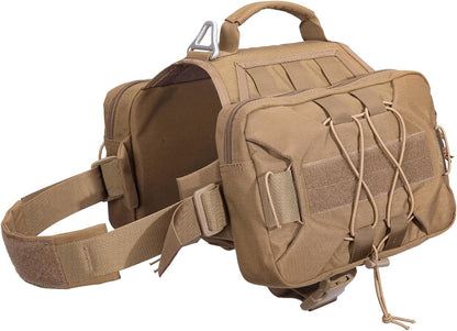 Excellent Elite Spanker dog pack hound saddle bag backpack front view in coyote brown on medium dog