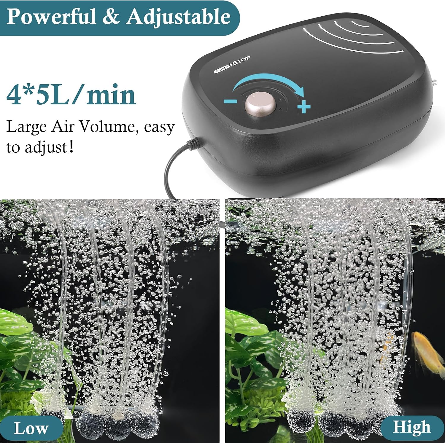 Hitop 320GPH aquarium air pump side profile showing shock-absorbing feet