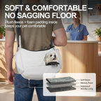 Interior view of grey dog sling with safety tether leash