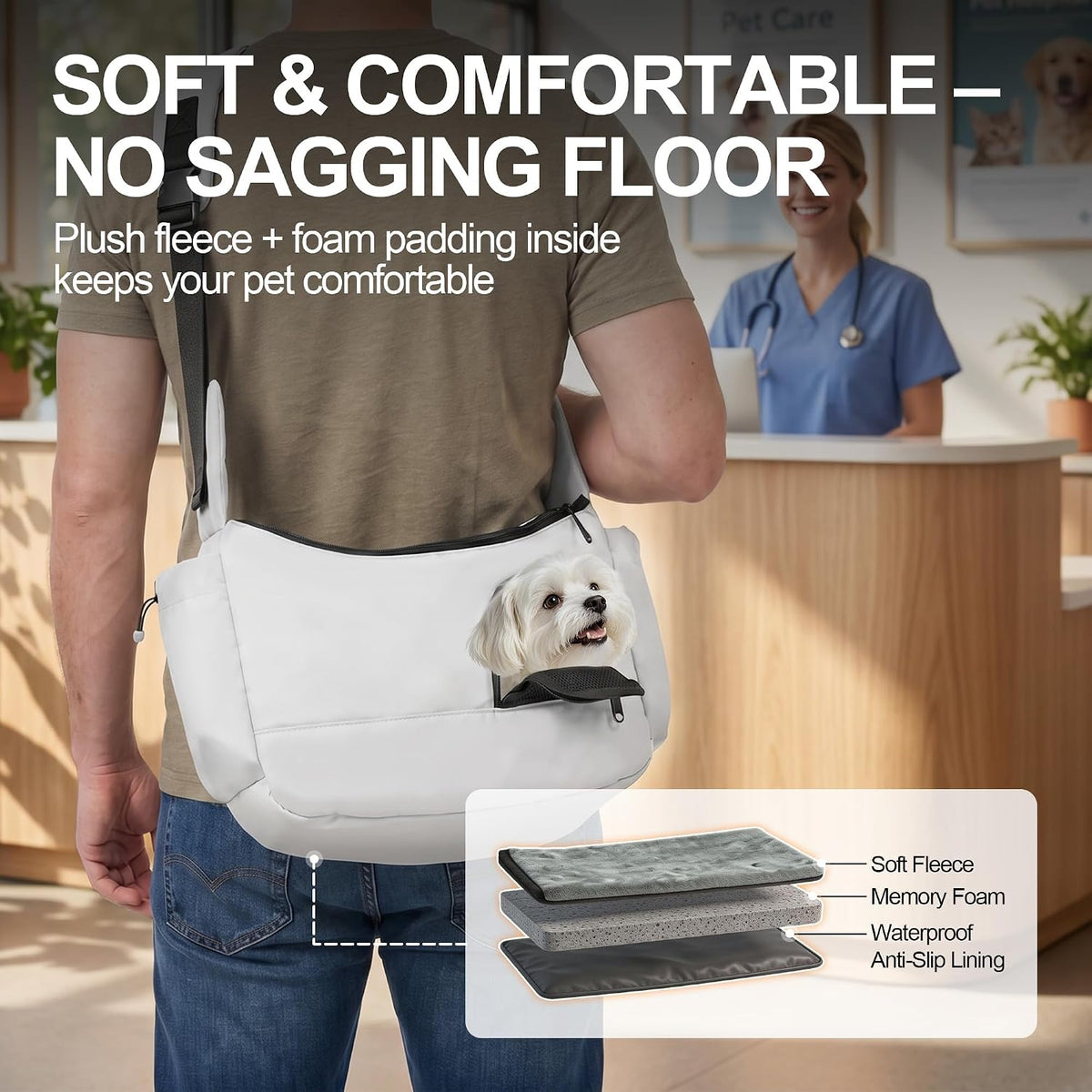 Interior view of grey dog sling with safety tether leash