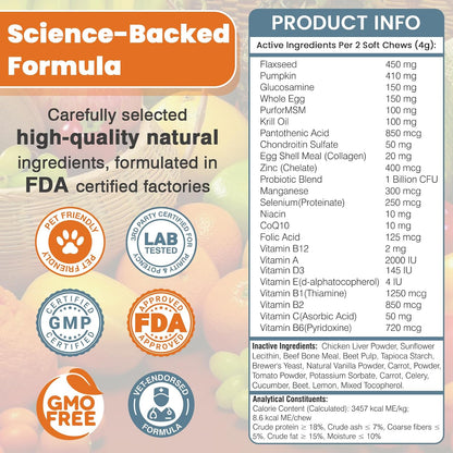 Premium dog multivitamin container showing feeding dosage instructions