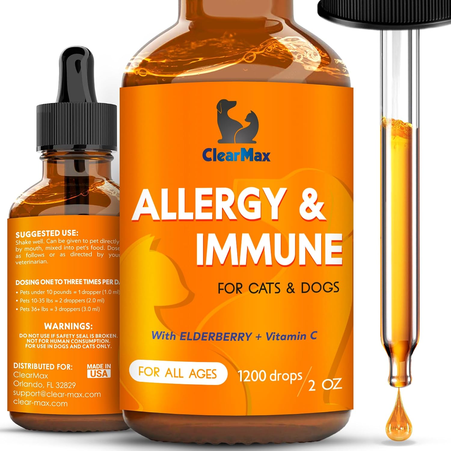Clear Max pet allergy relief drops front view bottle for dog and cat itchy skin treatment
