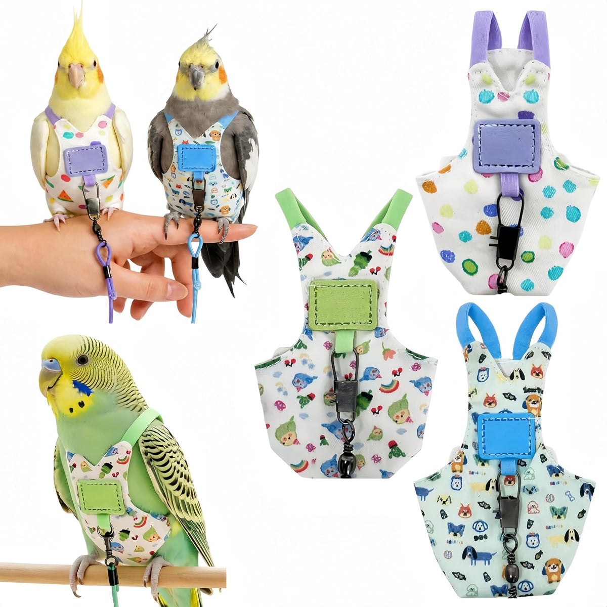 Bird Diapers with Flying Leash, Bird Harness Flight Suits Diapers Parrot Nappy with Waterproof Inner Layer Cute Urine Wet Suit Costume for Cockatiel Conure Budgie Macaw Parakeet-Blue,L - Image 1