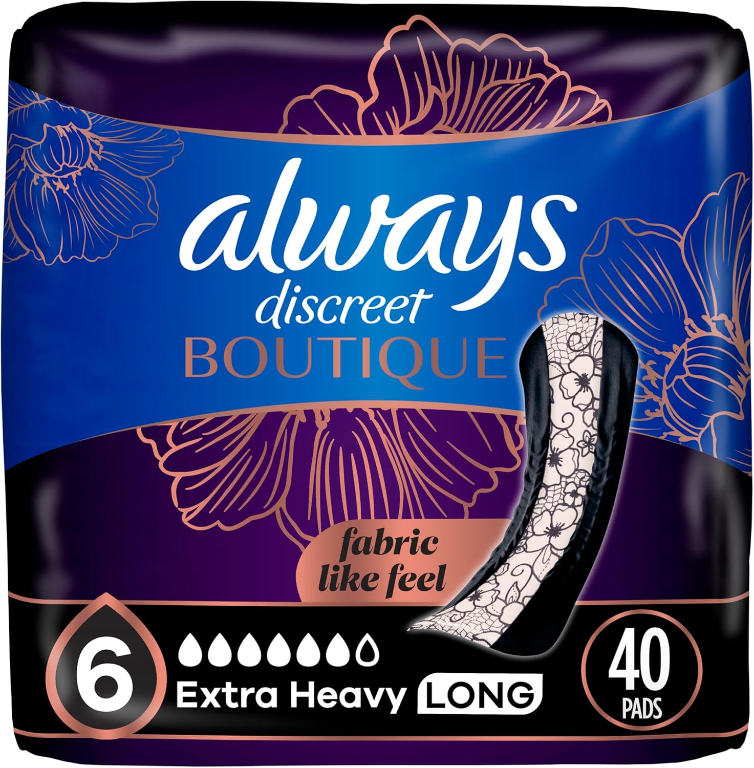 Always Discreet Boutique Incontinence Pads front view 40 count pack for heavy bladder leaks.