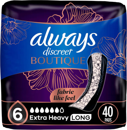 Always Discreet Boutique Incontinence Pads front view 40 count pack for heavy bladder leaks.