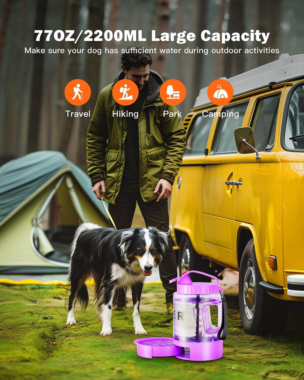 SwSun portable pet water dispenser being used to hydrate a large dog during a hike.
