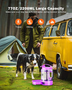 SwSun portable pet water dispenser being used to hydrate a large dog during a hike.