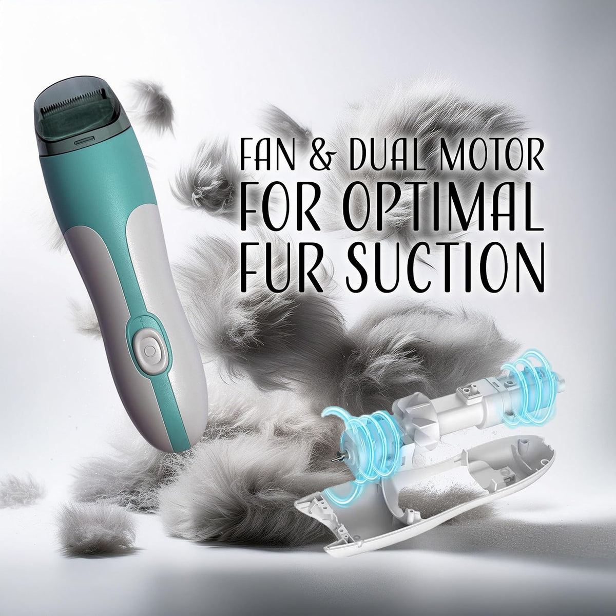 Floofy Fanny pet hair clipper mint green and gray body showing stainless steel blades