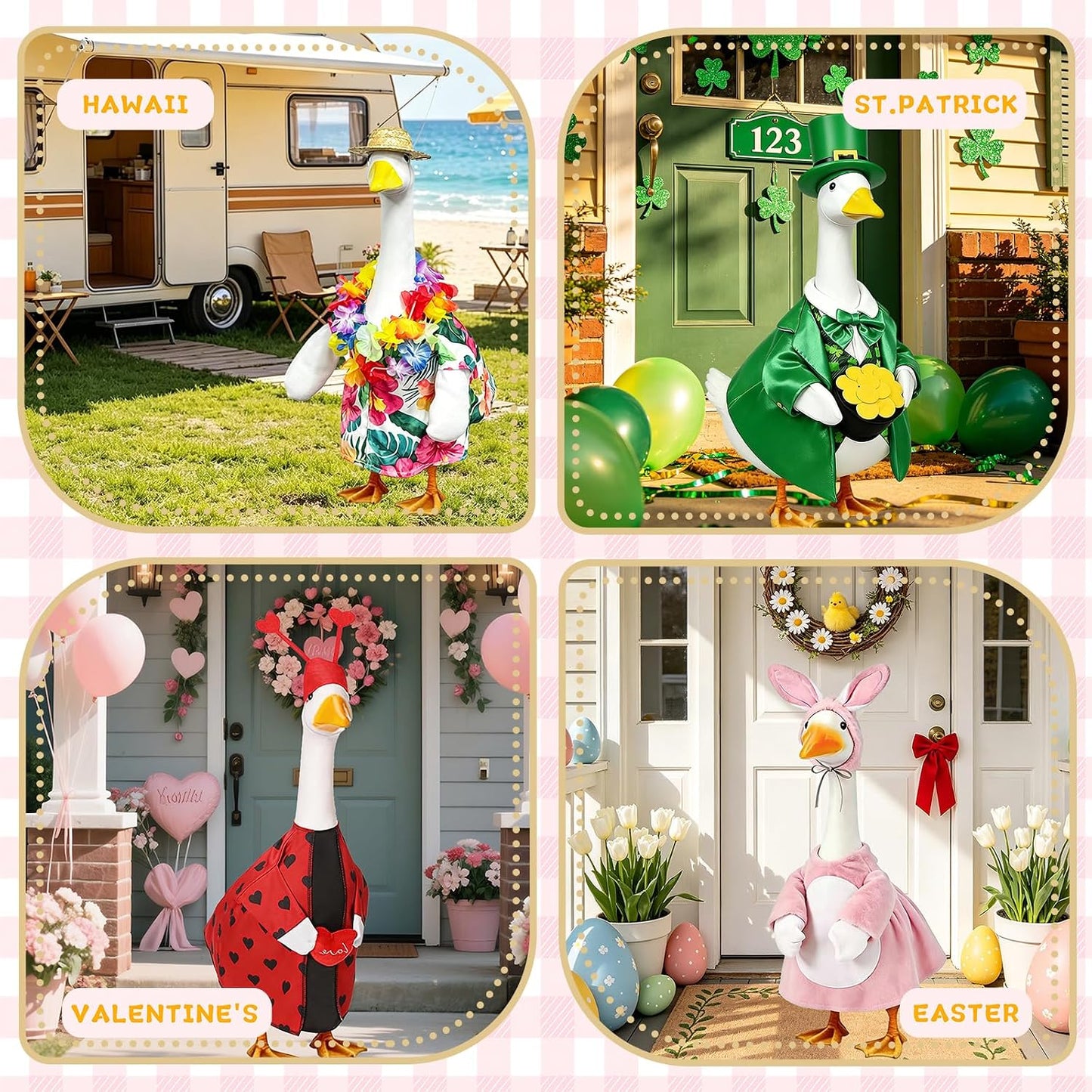 Kedaijin eight sets goose clothing collection neatly laid out displaying all festive variations