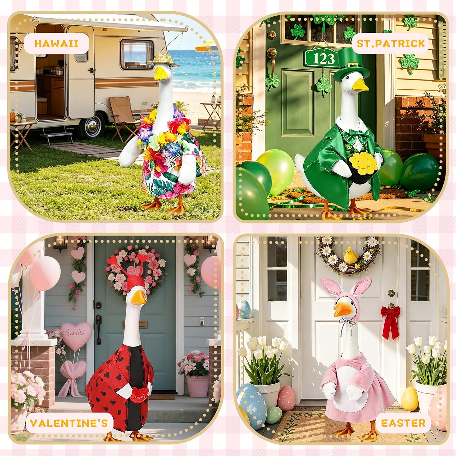 Kedaijin eight sets goose clothing collection neatly laid out displaying all festive variations