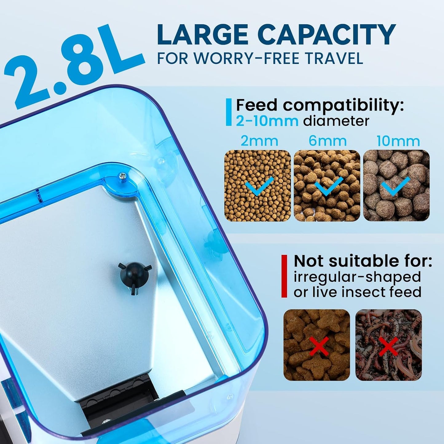 Proshine 2.8L fish feeder showing the animal proof lid and durable housing.