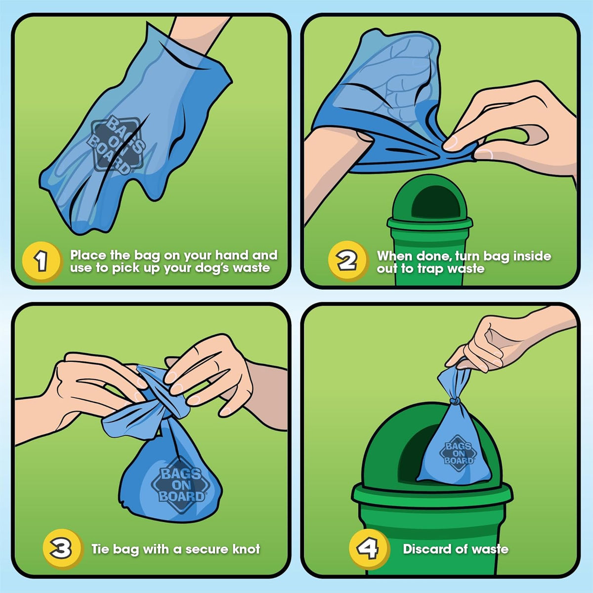 Bags on Board leakproof dog waste bags blue color rolls displayed.