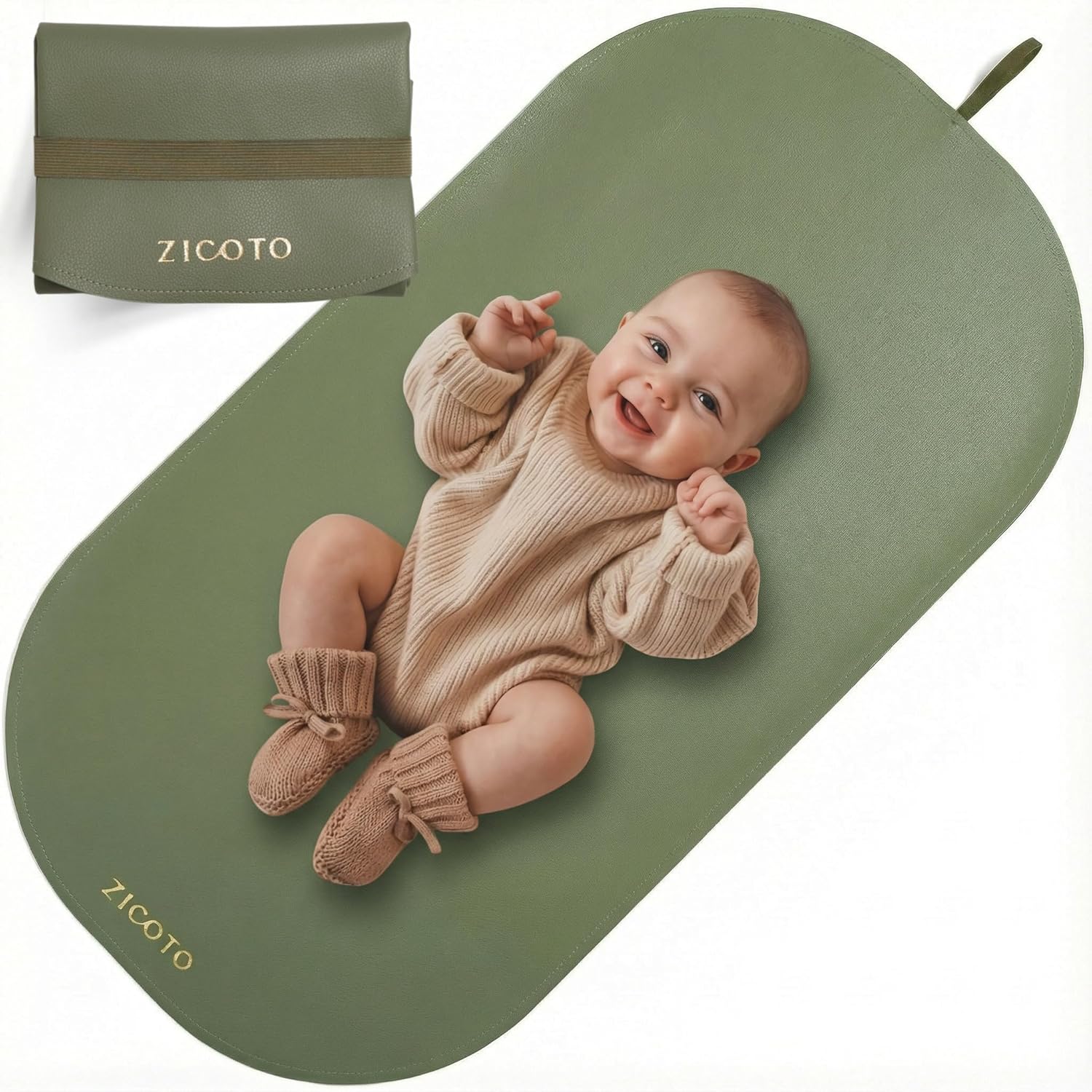 Zicoto sage green vegan leather baby diaper changing mat front view