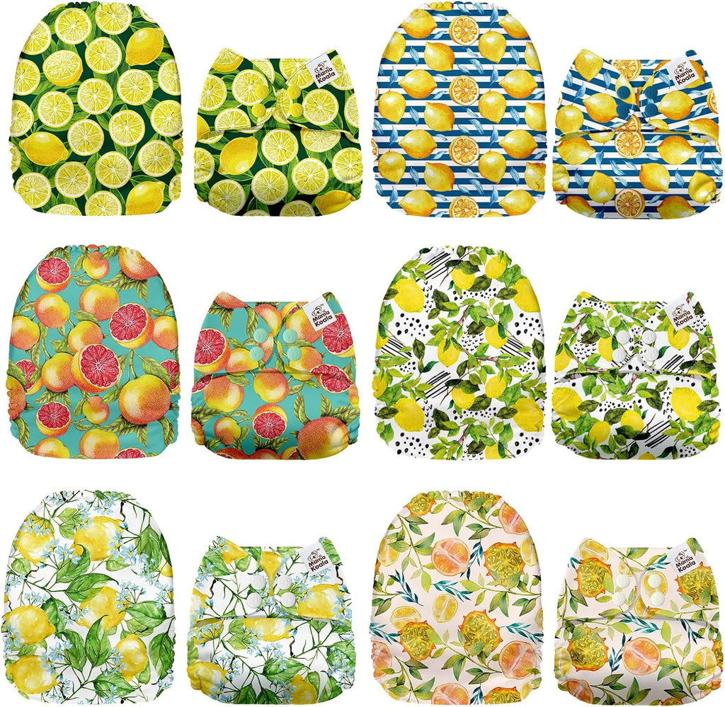 Mama Koala 1.0 pocket cloth diaper front view with citrus fruit pattern