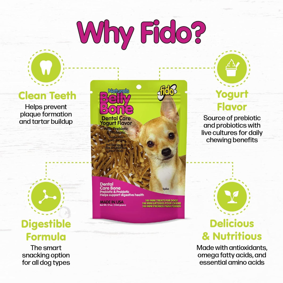 Fido Belly Bones for Dogs, Mini - 100 Count - Yogurt-Flavor Dental Treats for Small Dogs - Plaque & Tartar Control for Fresh Breath - Digestive Support - Made in USA - Image 3