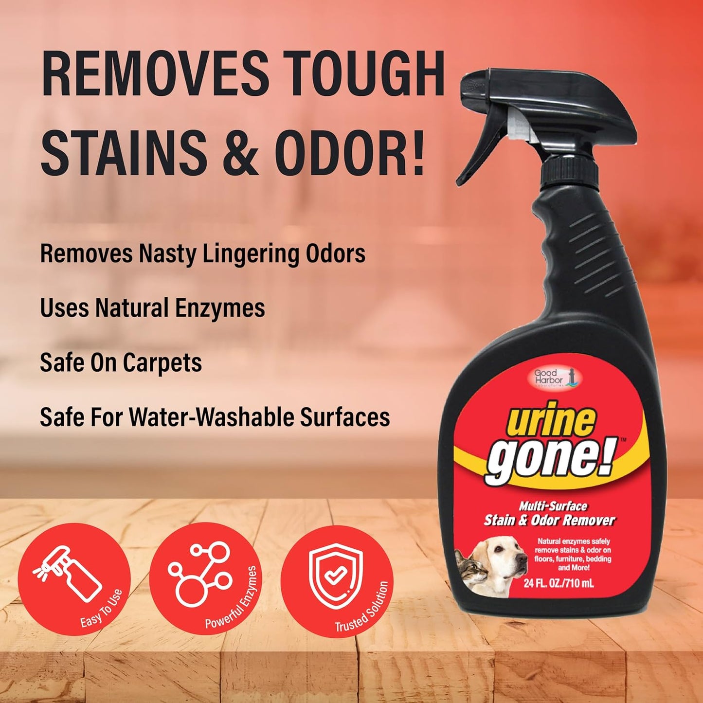 Professional strength enzyme cleaner spraying on carpet stain