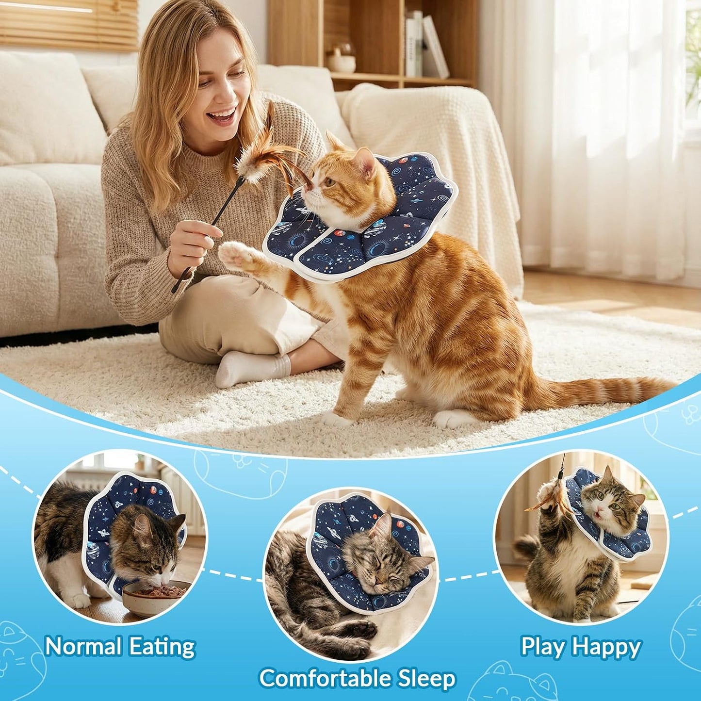 Side view of a cat eating comfortably while wearing the Emutol soft recovery neck cone.