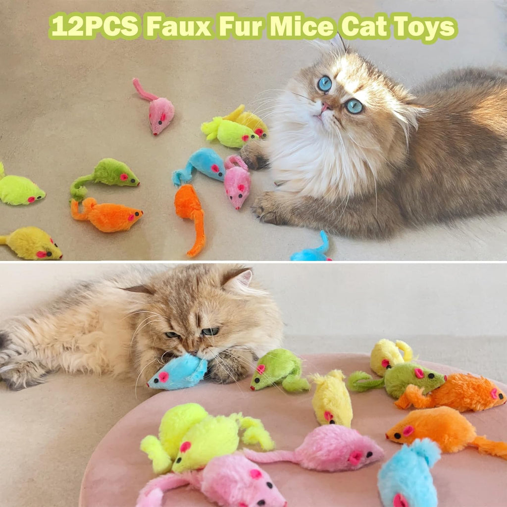 Interactive catnip mice toys displayed in multiple bright colors for indoor cats