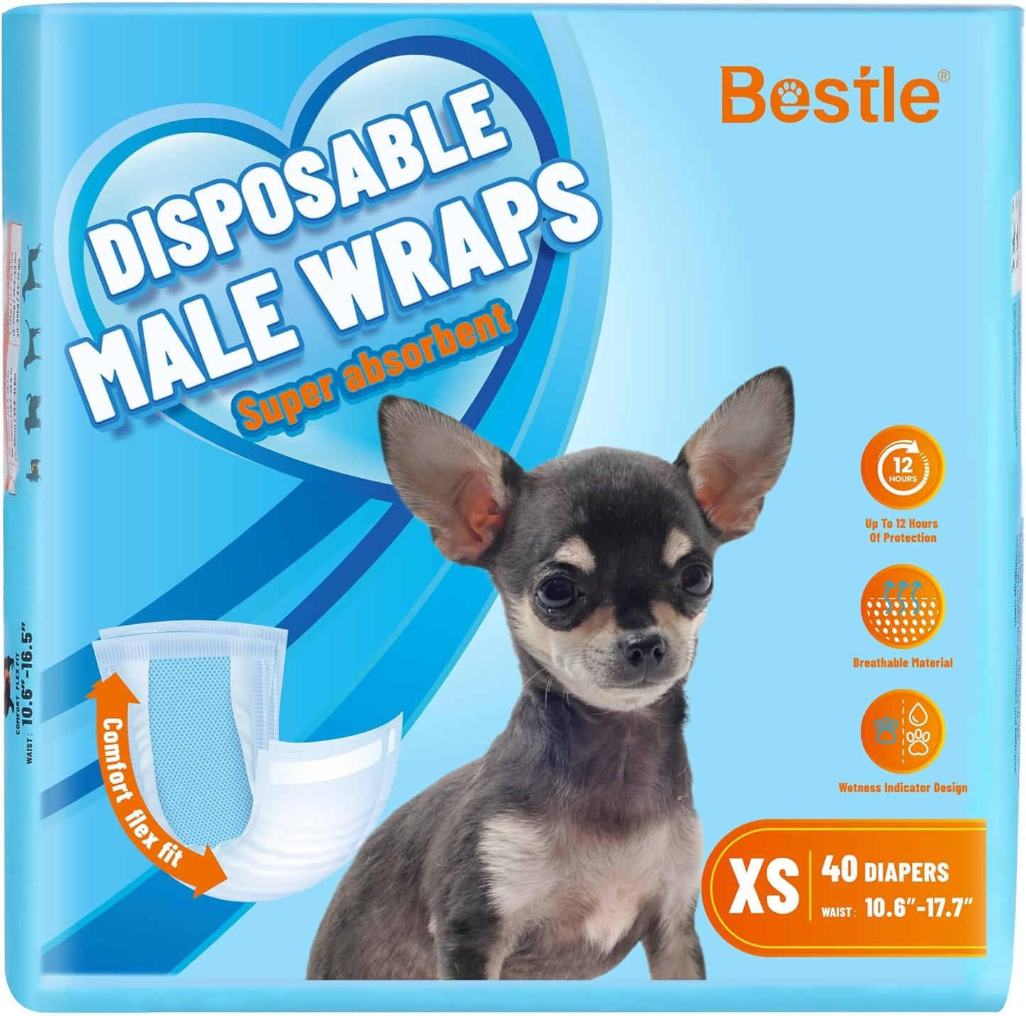 Bestle Male Dog Wrap Disposable Dog Diapers front view of forty count packaging box showing extra small sizing.