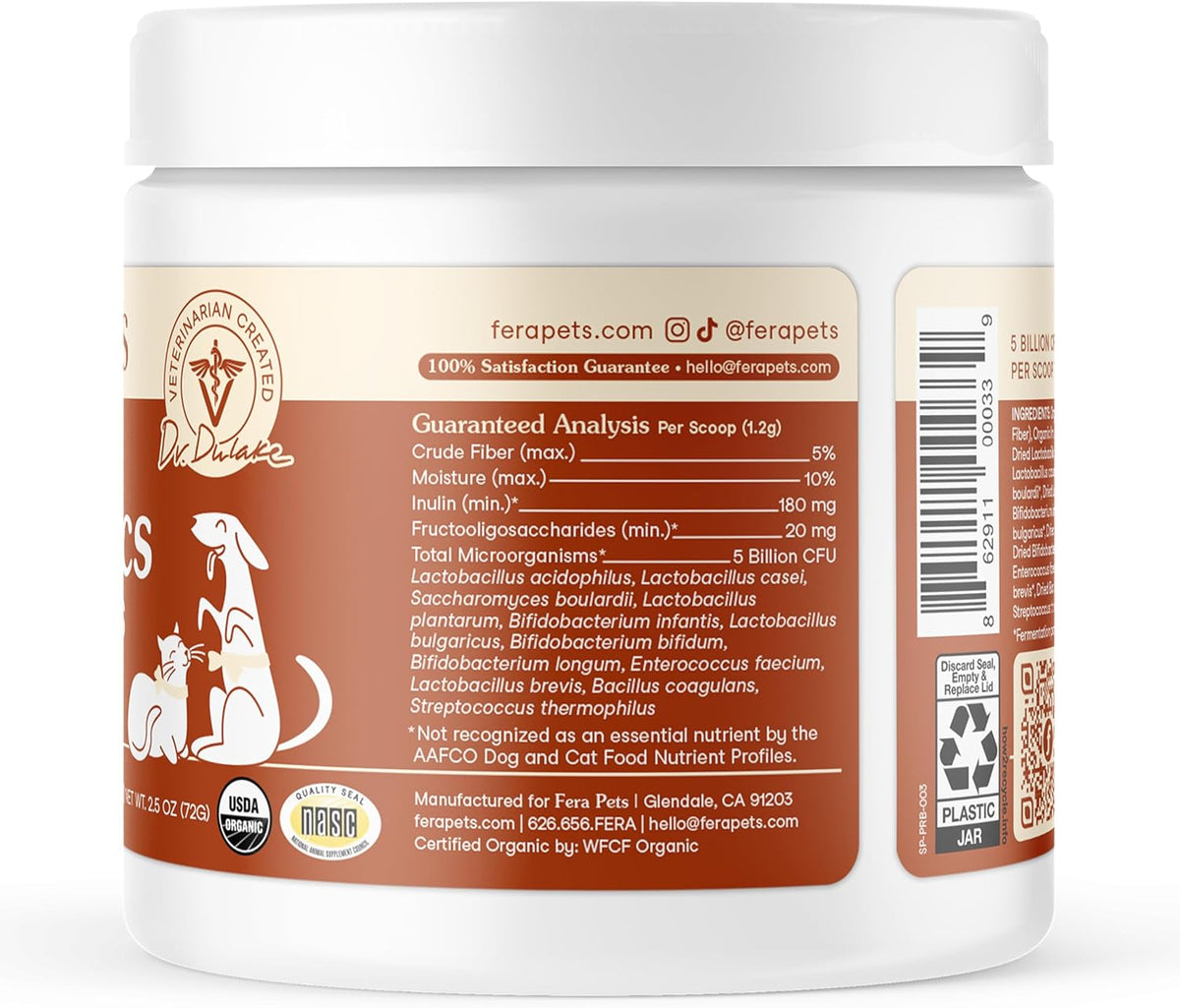 Fera Pets Probiotics for Dogs & Cats with Prebiotics - USDA Organic - Gut Health Powder Supplement with 12 Strains and 5 Billion CFUs - Supports Immunity, Energy and Skin & Coat - 60 Scoops - Image 9