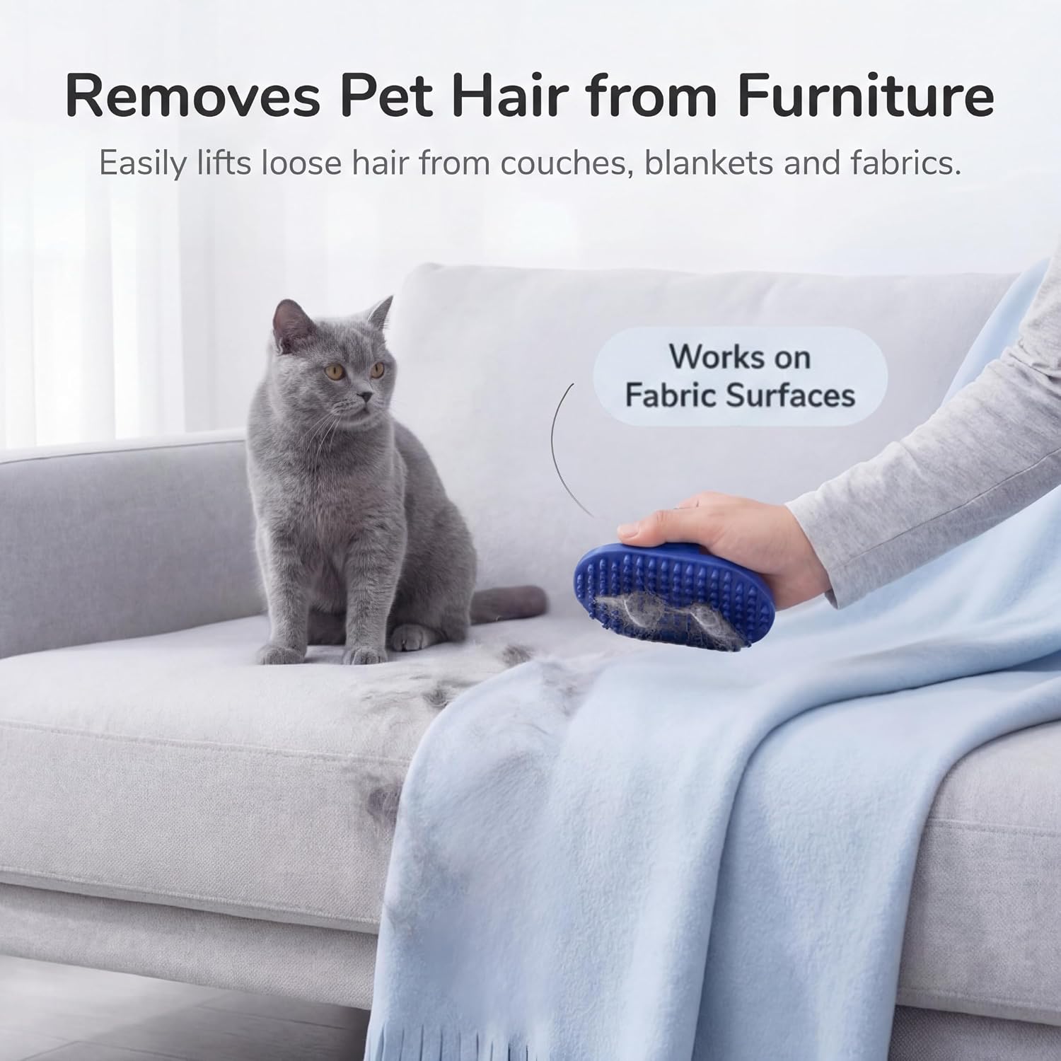 Multifunctional rubber pet hair remover brush being used on home furniture and sofas.