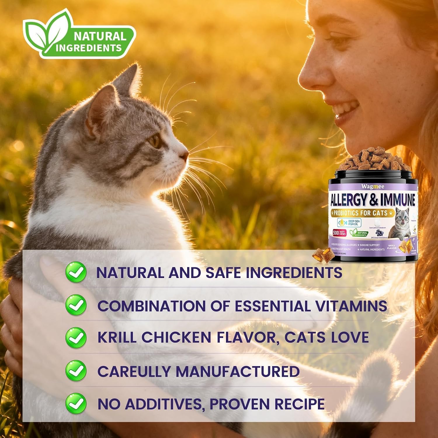Imported Wagmee feline health chewable treats with deep-sea fish oil ingredients