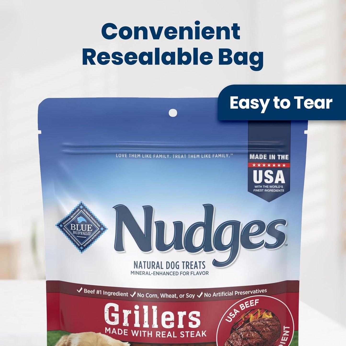 Blue Buffalo Nudges natural dog treats bag emphasizing the no corn wheat or soy promise.