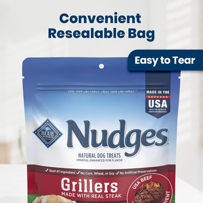 Blue Buffalo Nudges natural dog treats bag emphasizing the no corn wheat or soy promise.