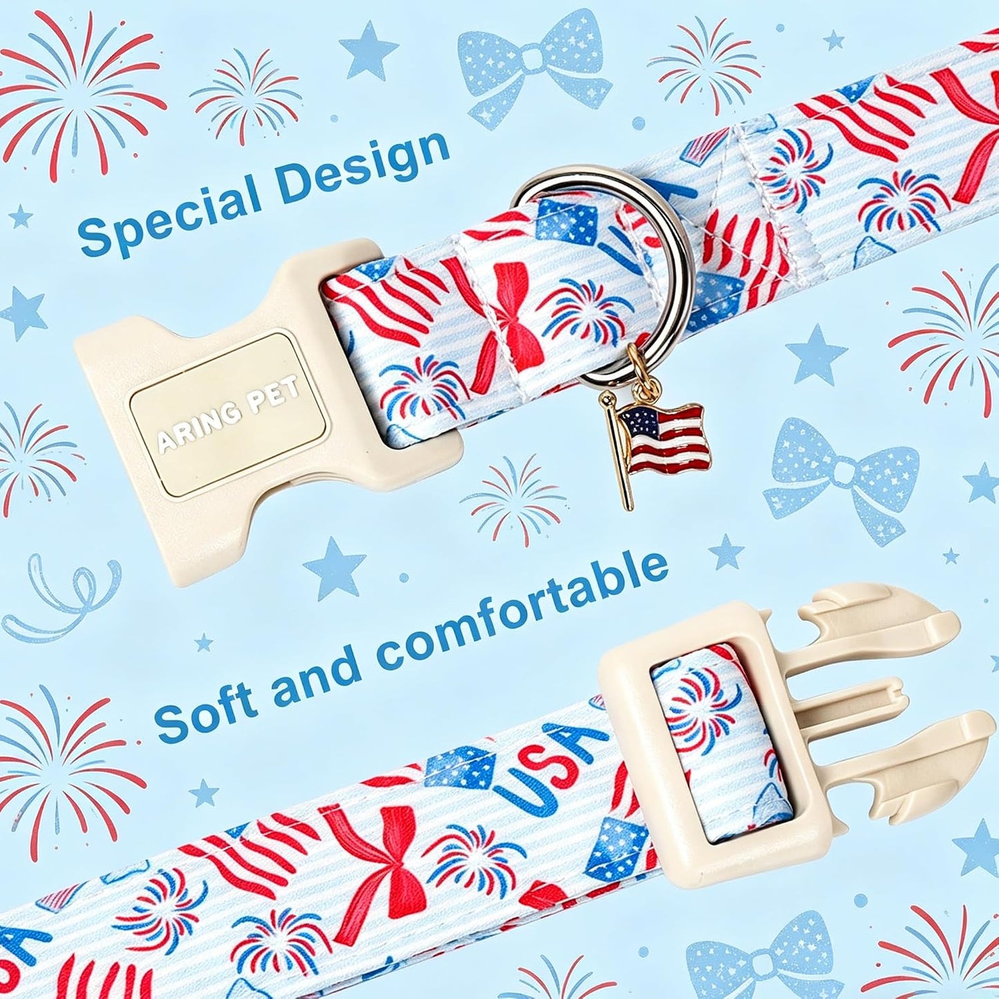 Close up of Aring Pet American flag pattern cotton material.