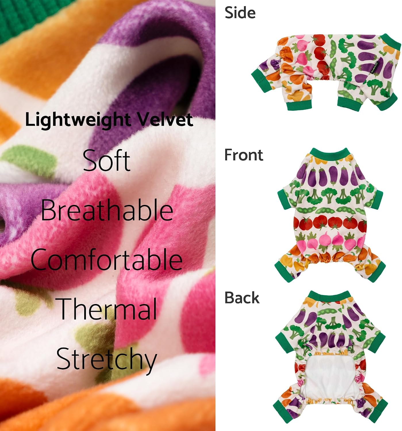 Fitwarm winter dog clothes showing the elastic belly area for easy potty breaks.