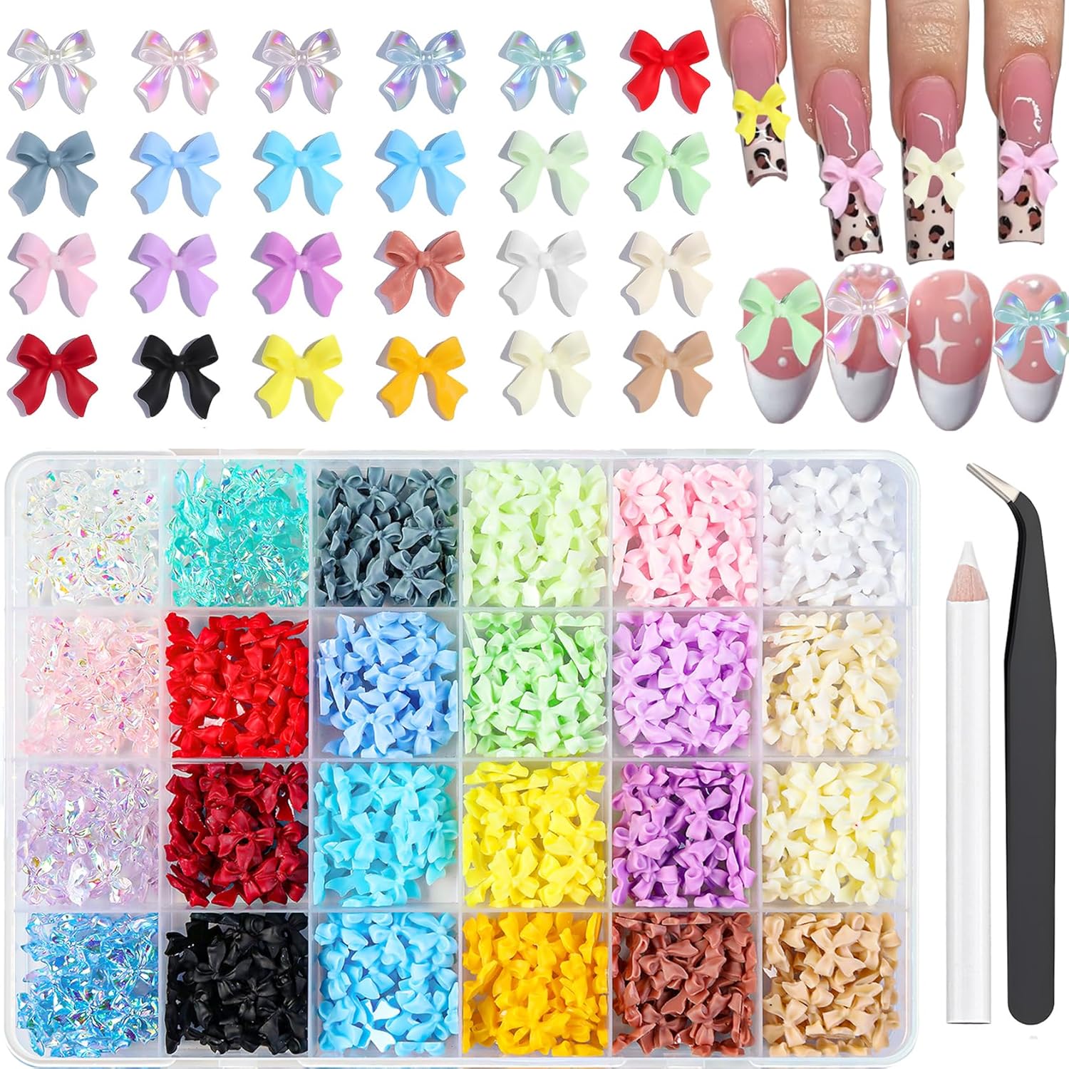 Vynelle 720 Piece Bow Nail Charms Kit front view with storage box