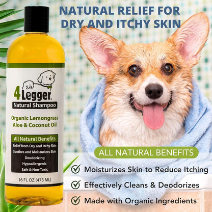 Back of 4Legger dog shampoo bottle showing organic ingredients