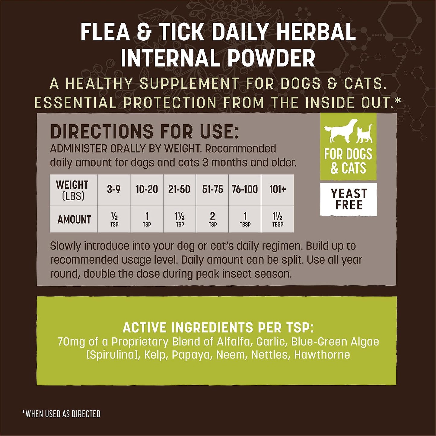 Yeast free internal flea and tick defense powder ingredients label view