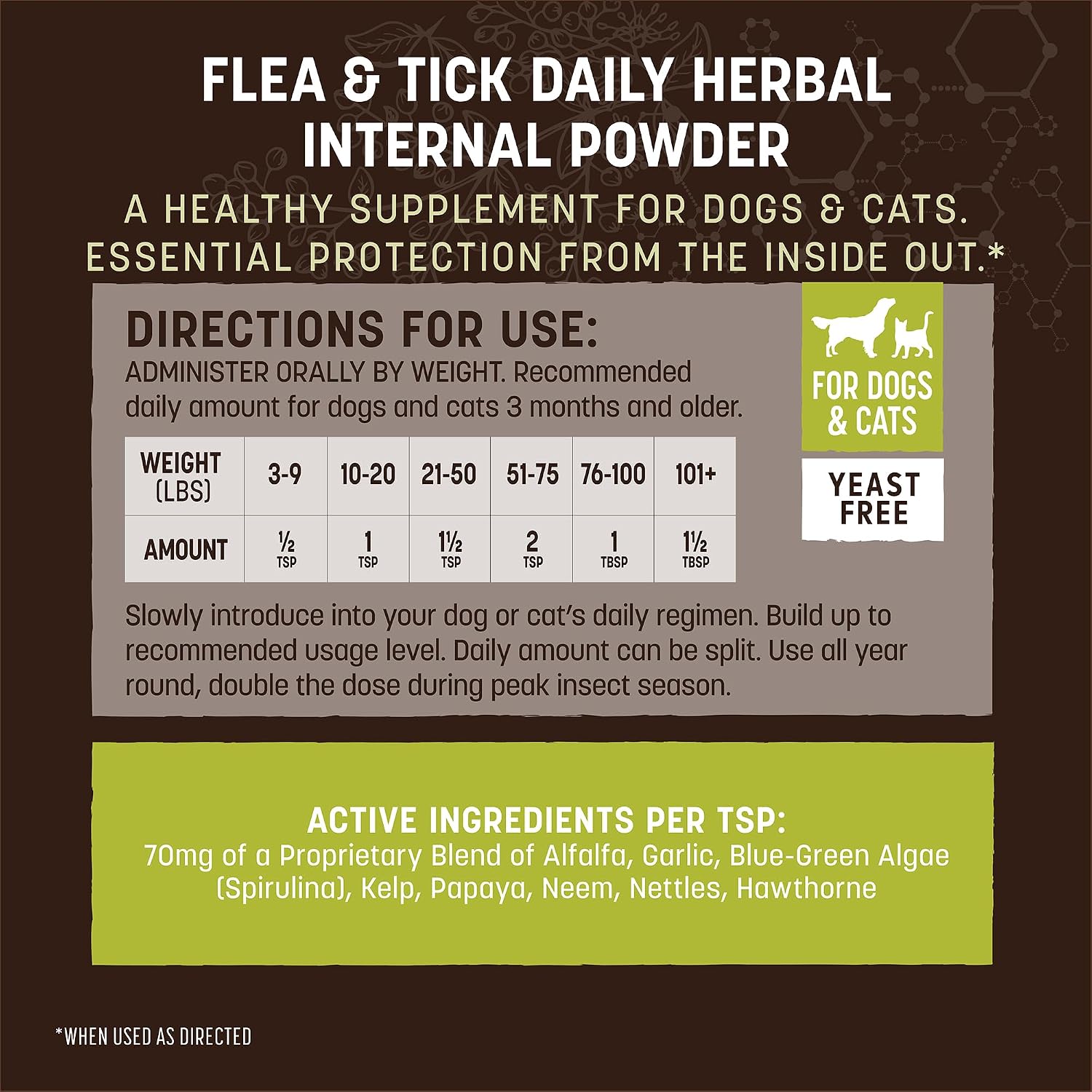 Yeast free internal flea and tick defense powder ingredients label view