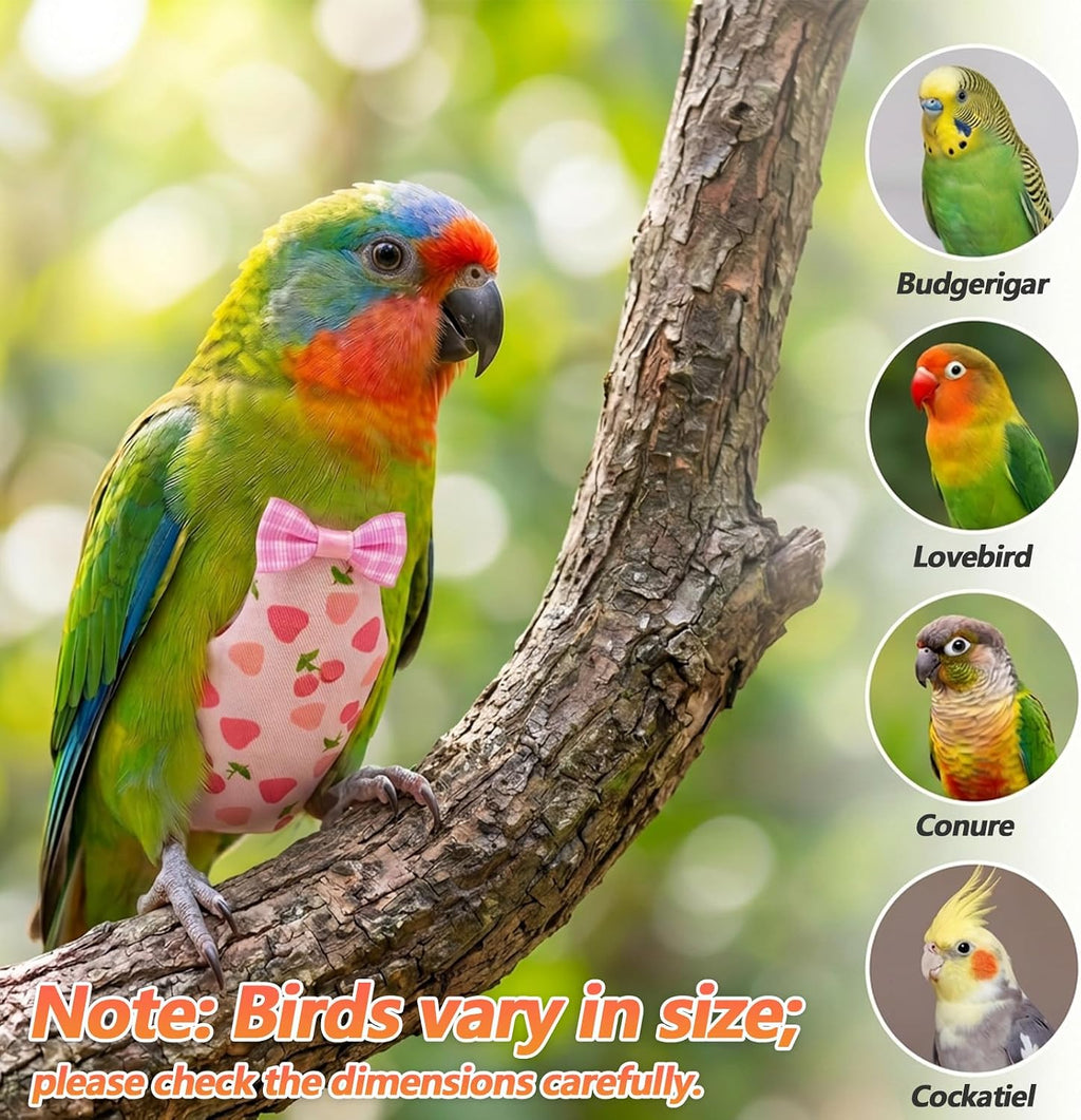 Parakeet wearing comfortable washable bird flight suit vest