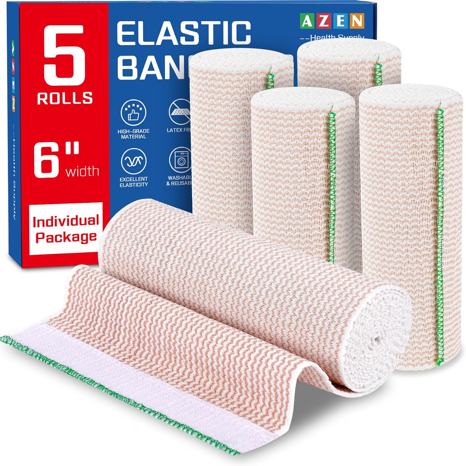 AZEN Premium 6 Inch Elastic Bandage Wrap front view compression support.