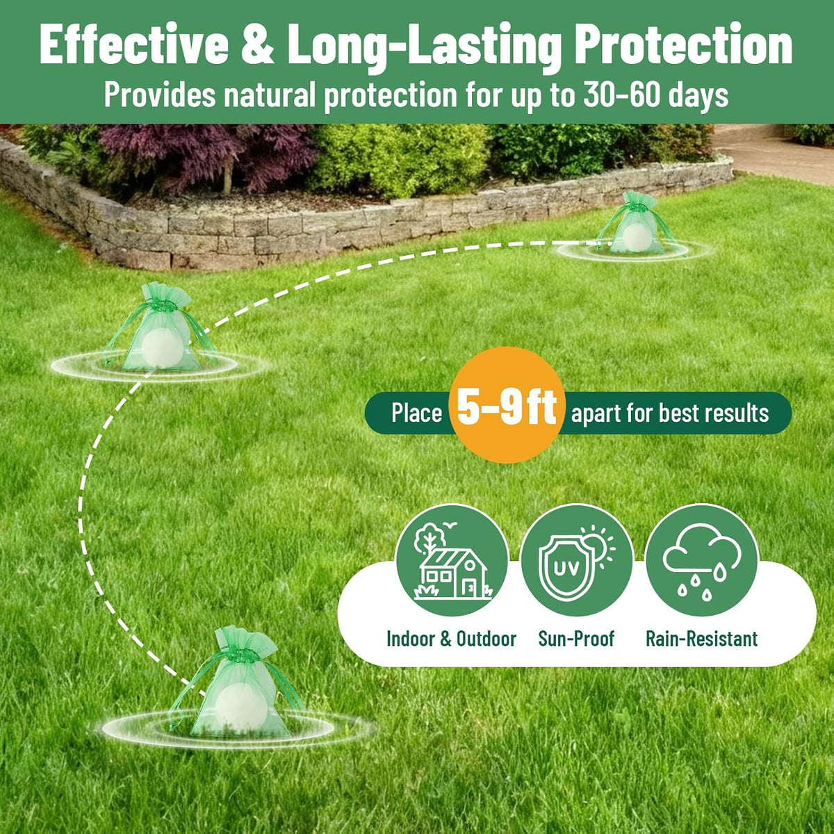 Outdoor garden setting with Tezora cat repellent balls positioned near flower beds to deter stray animals.