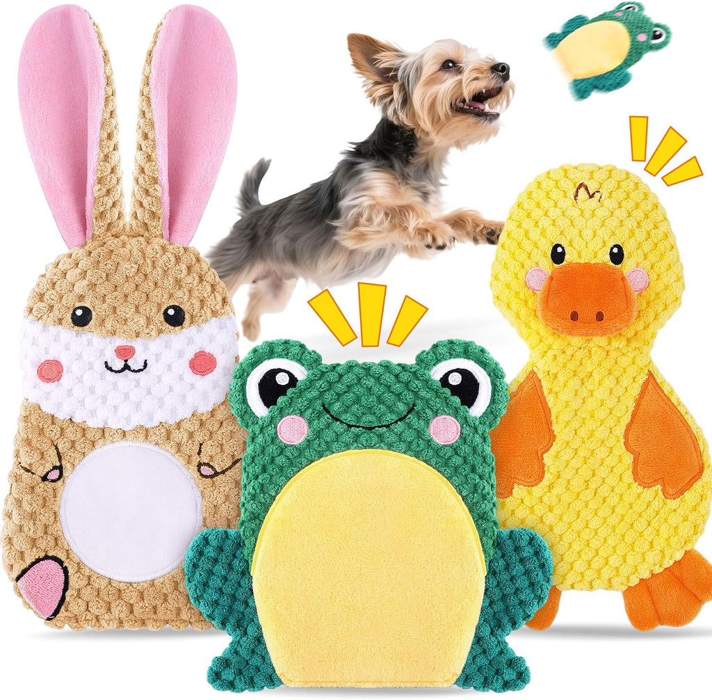 XIUGOAL interactive no stuffing dog toys front view of three pack bunny duck and frog plush set