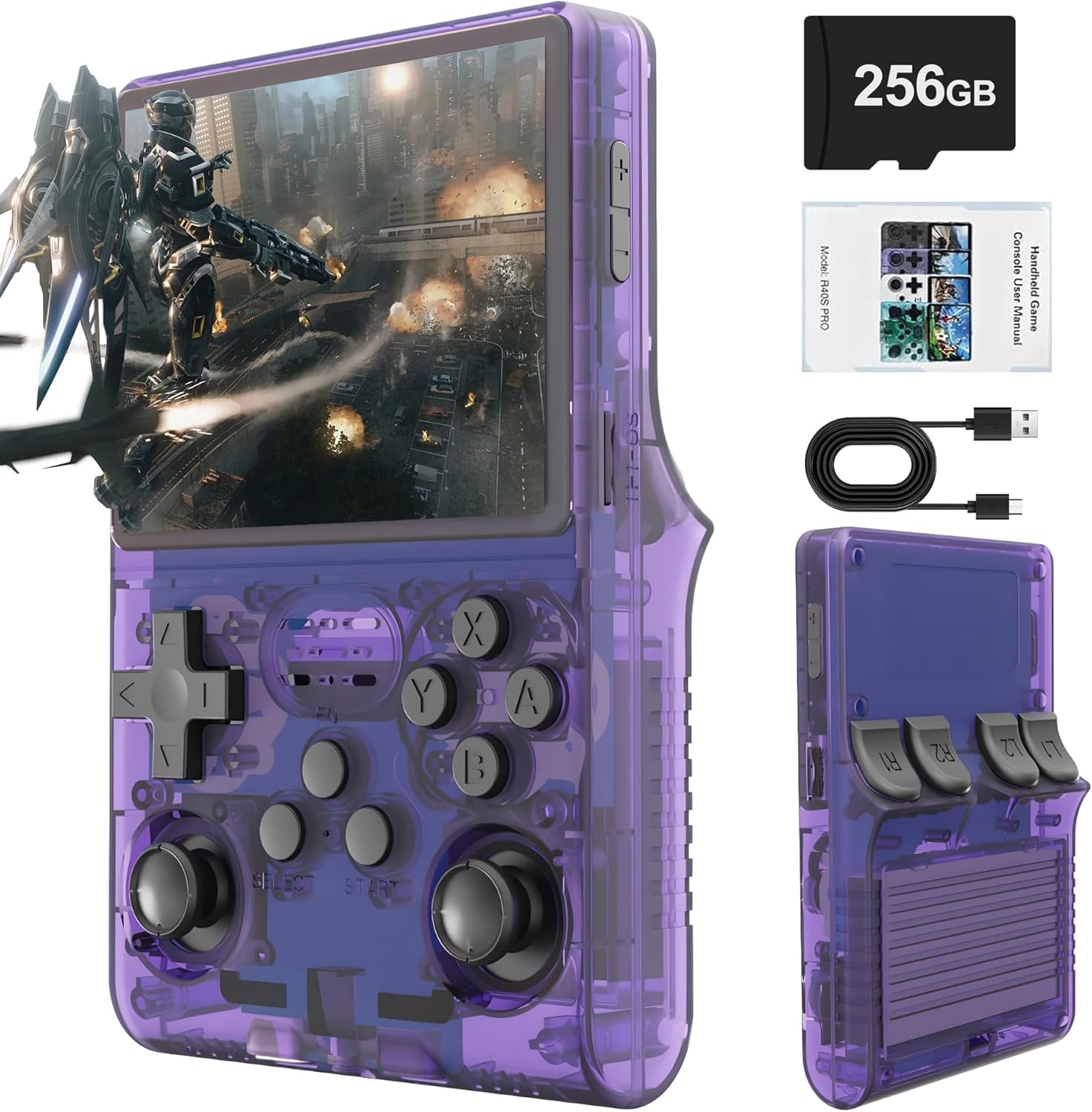Kuratix R40S Pro retro gaming console front view transparent purple