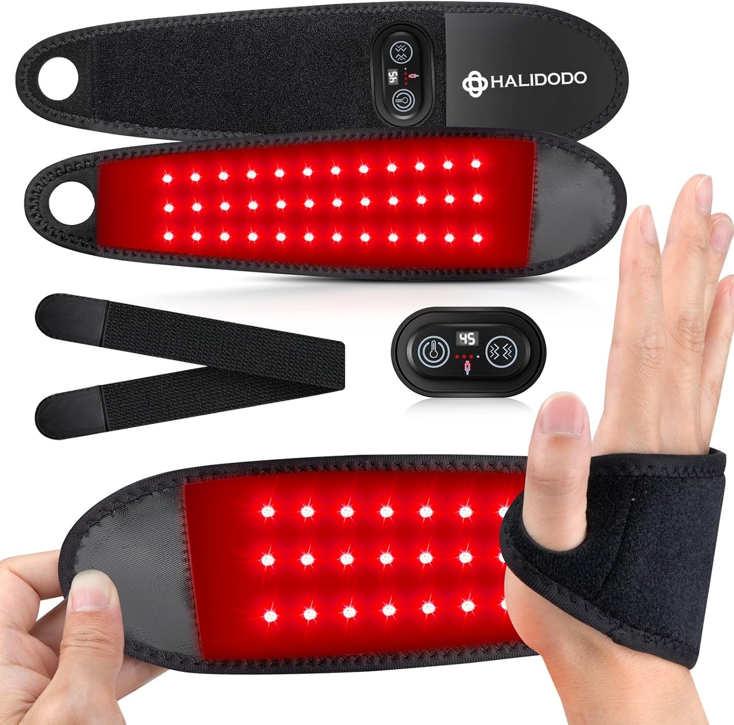 RELEXNOW Halidodo red light therapy wrist wrap front view showing the controller and thumb hole design.