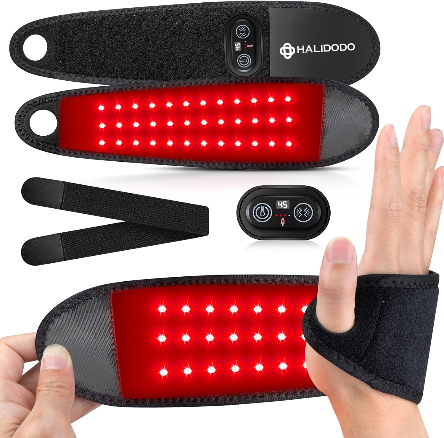 RELEXNOW Halidodo red light therapy wrist wrap front view showing the controller and thumb hole design.