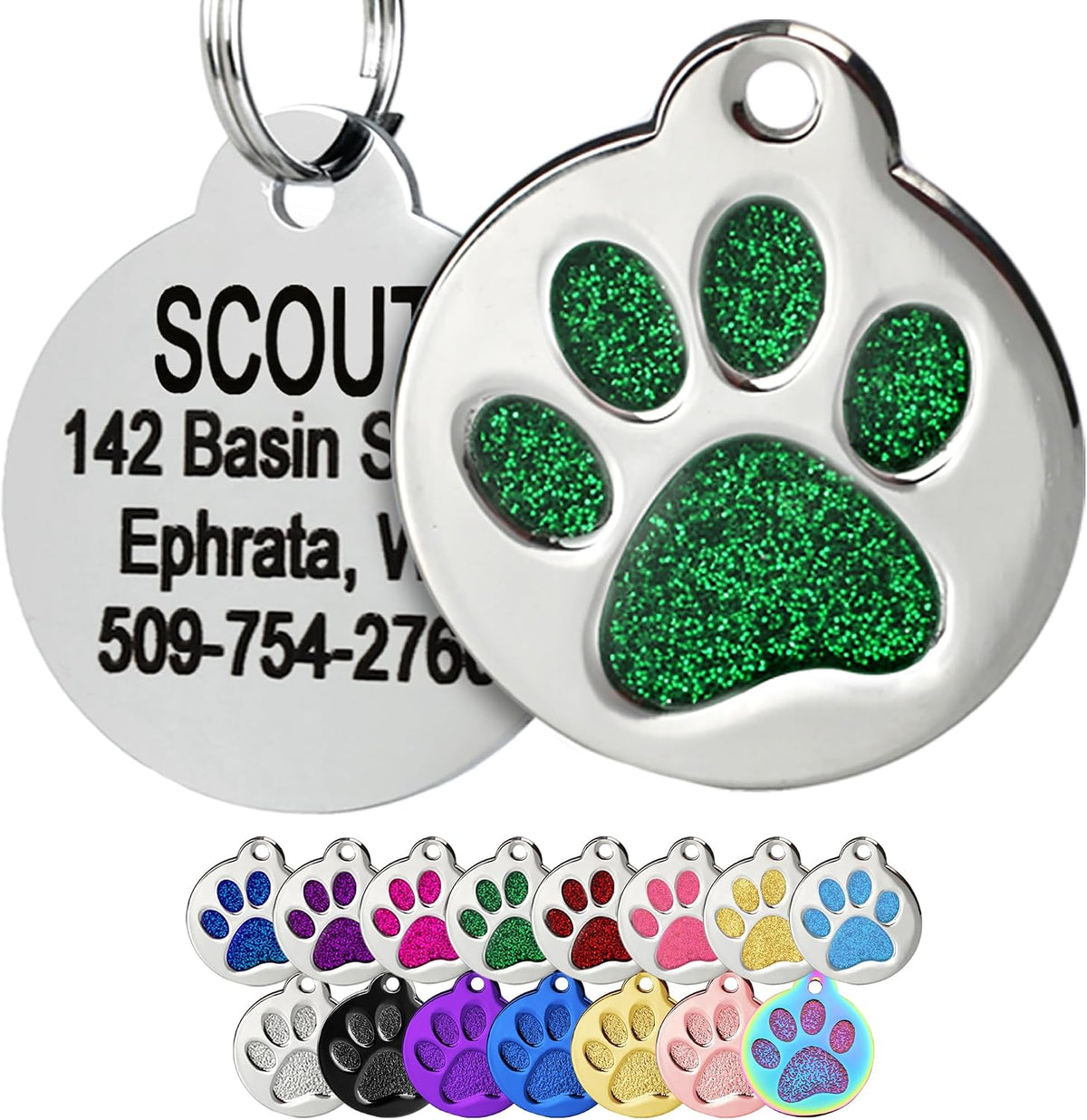GoTags Paw Print Round Stainless Steel Pet Tag for Dogs and Cats, Personalized with 4 Lines of Custom Engraved ID Name and Number, in Stainless Steel and 15 Colors Small and Large, Glitter Blue - Image 14