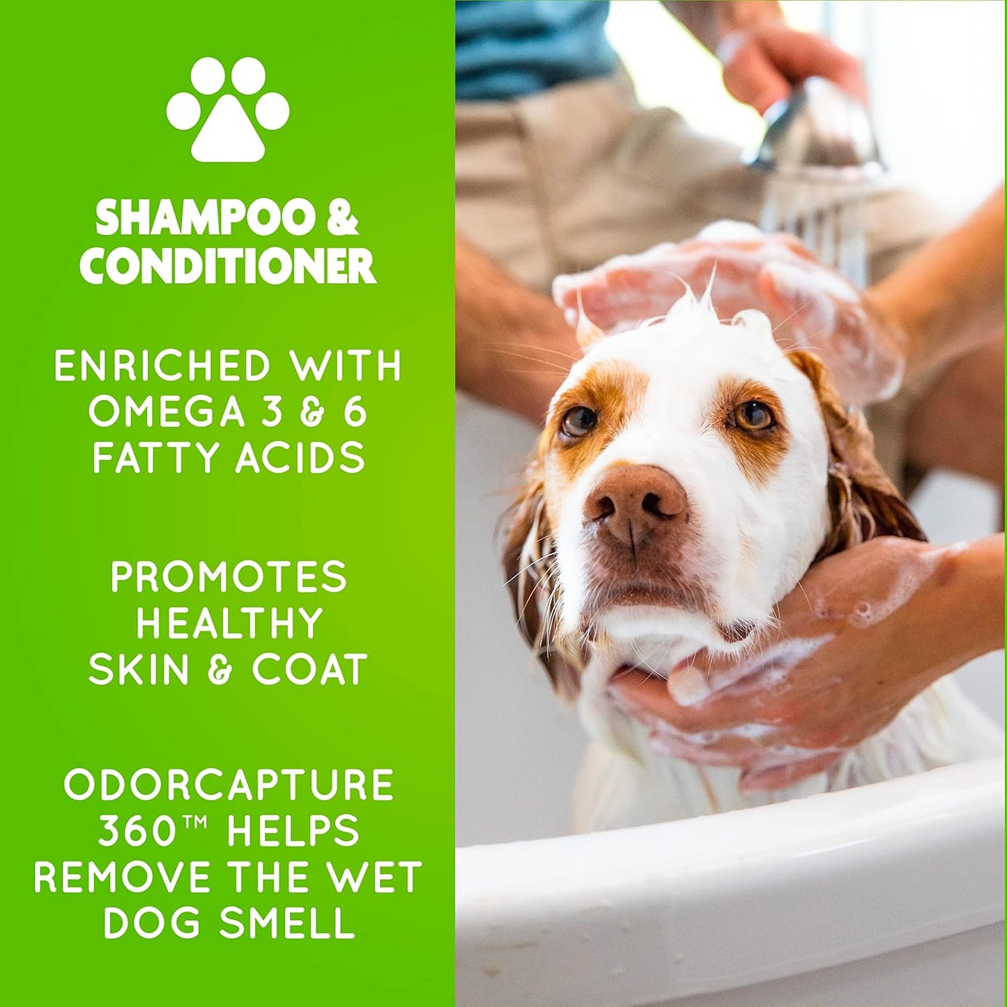 Close up of premium dog deshedding shampoo bottle enriched with omega fatty acids and calendula