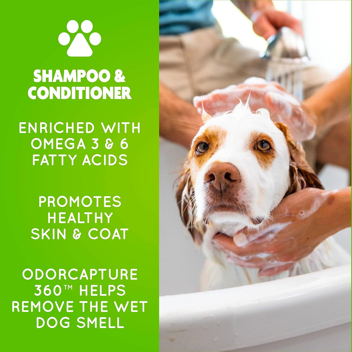 Close up of premium dog deshedding shampoo bottle enriched with omega fatty acids and calendula